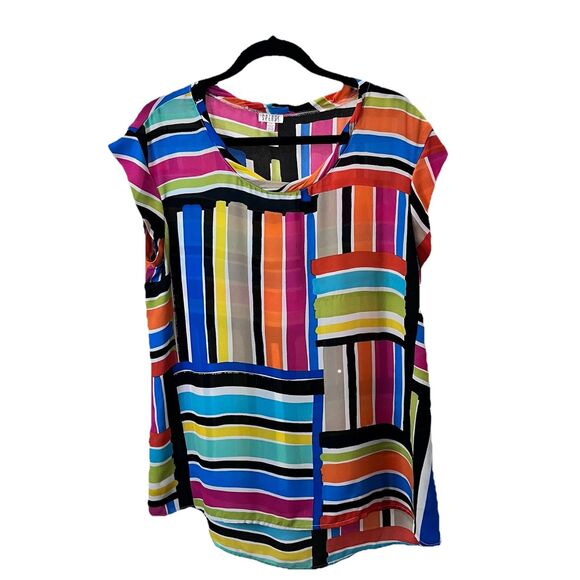Spense Striped Patchwork Colorblock Lightweight Sheer Tunic Top Retro Funky Sz L - Picture 1 of 9